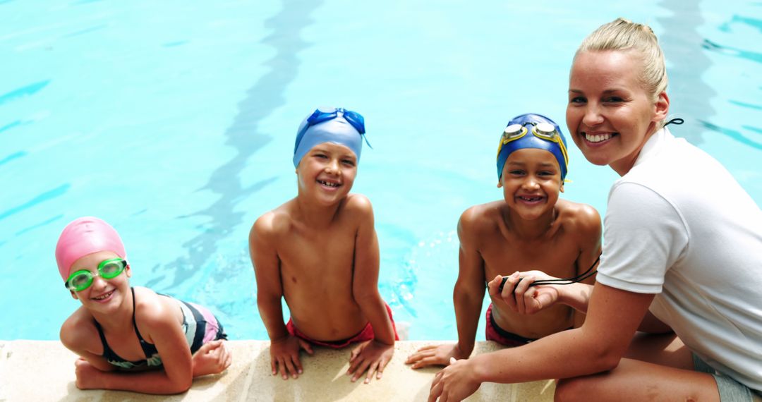 Swim Coach Teaching Group of Children at Poolside - Free Images, Stock Photos and Pictures on Pikwizard.com