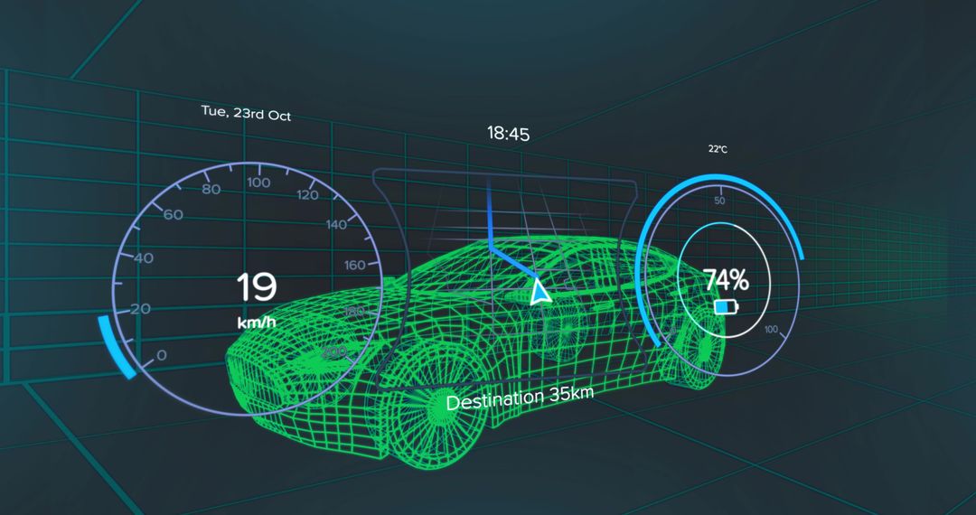 Futuristic Car Interface with Neon Green Wireframe and Digital Elements