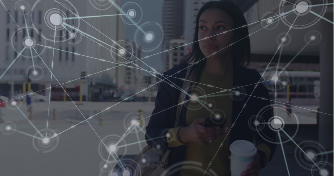 Businesswoman Navigating Tech Networks in Urban Environment