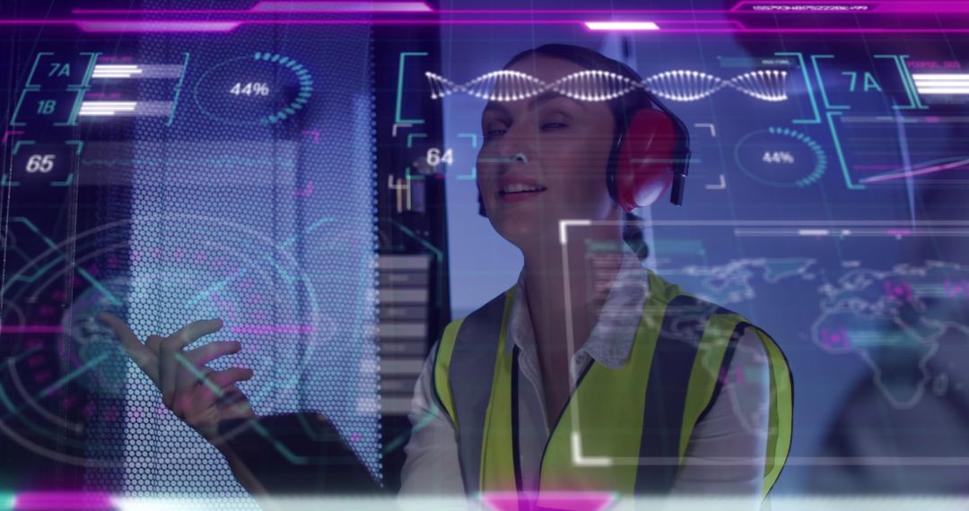 Female Engineer Interacting with Virtual Data Interface in Server Room