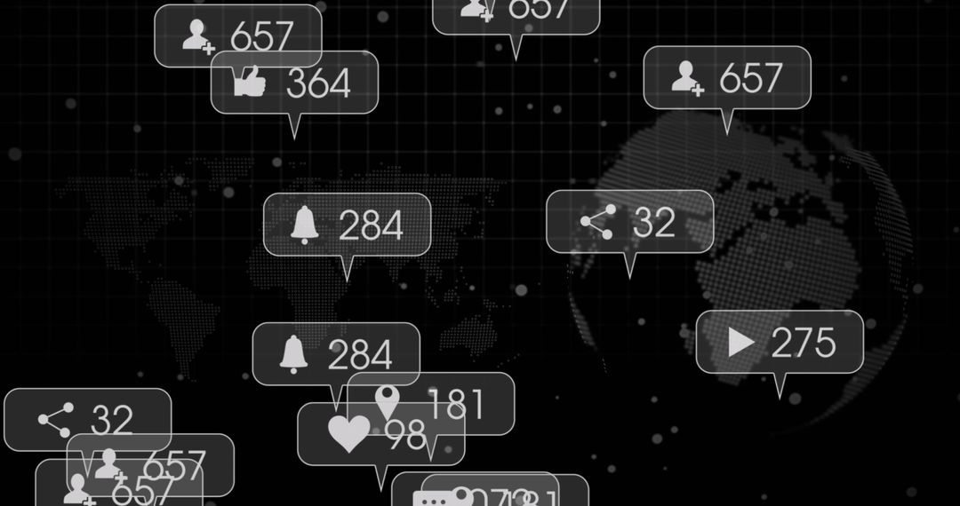 Social Media Interaction Icons on Digital World Map Background