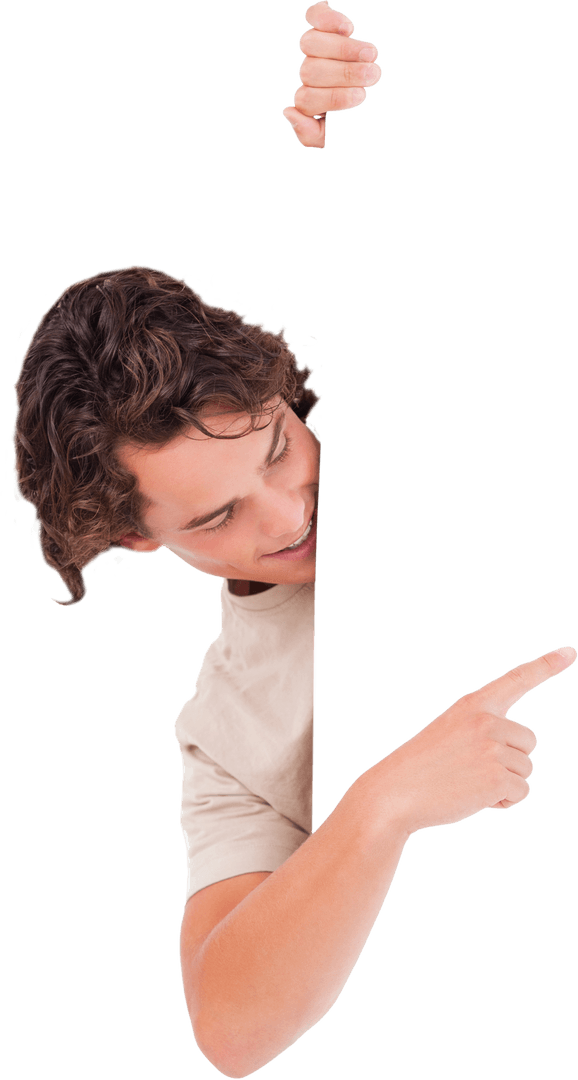 Curious Young Man Pointing at Blank Transparent Space