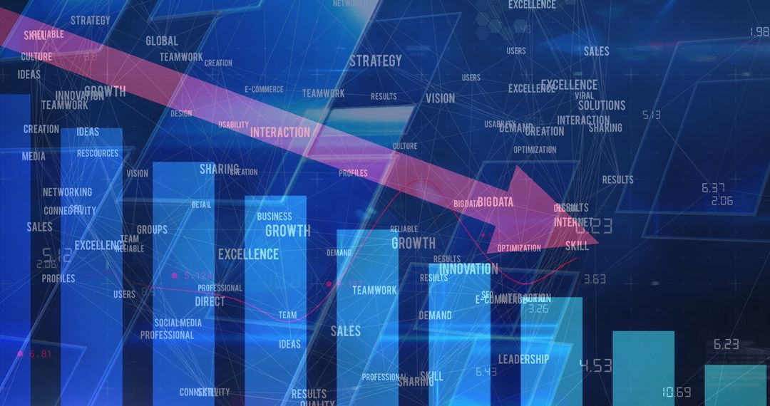 Global Finances Downtrend with Digital Business Keywords Overlay