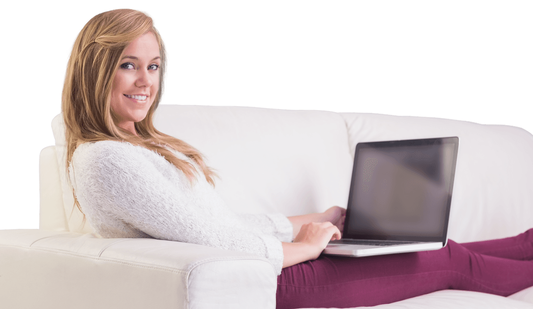 Relaxing Blonde Woman Computing at Home with Transparent Background