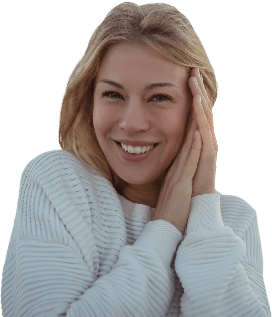Portrait of Smiling Woman in White Sweater with Hands Clasped Transparently