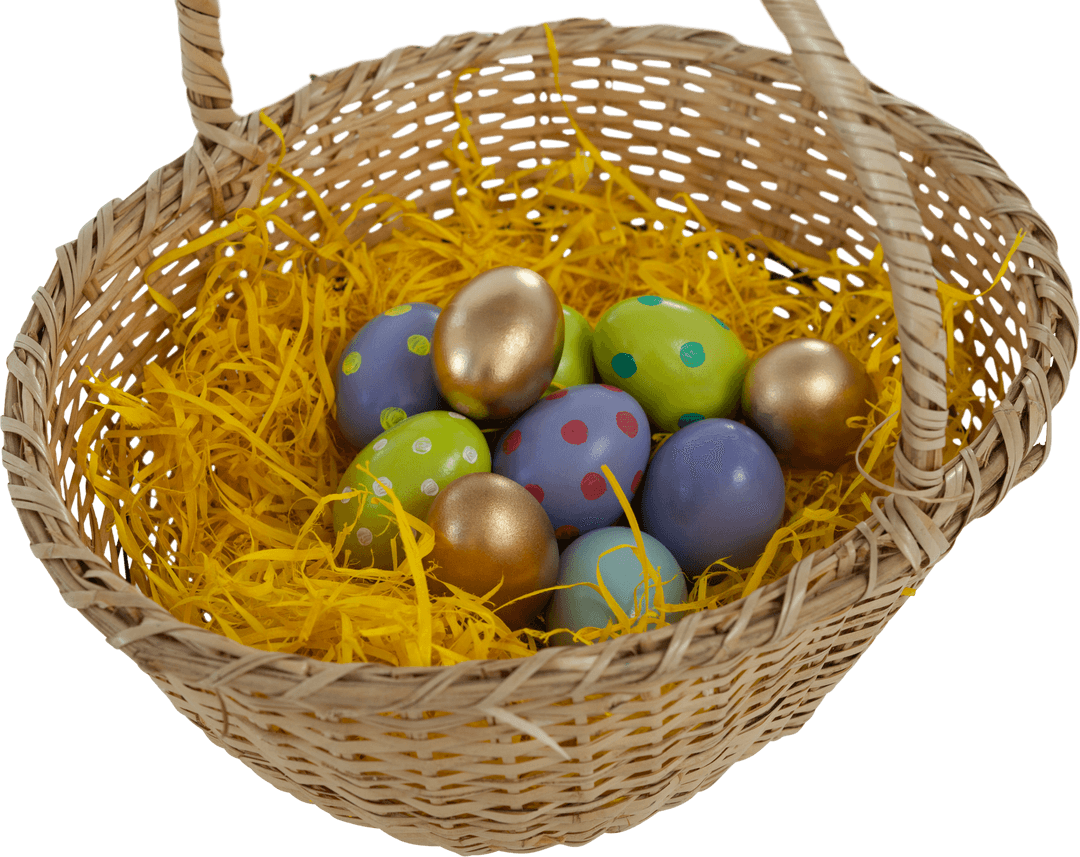 Glossy Easter Eggs in Transparent Wicker Basket with Nesting