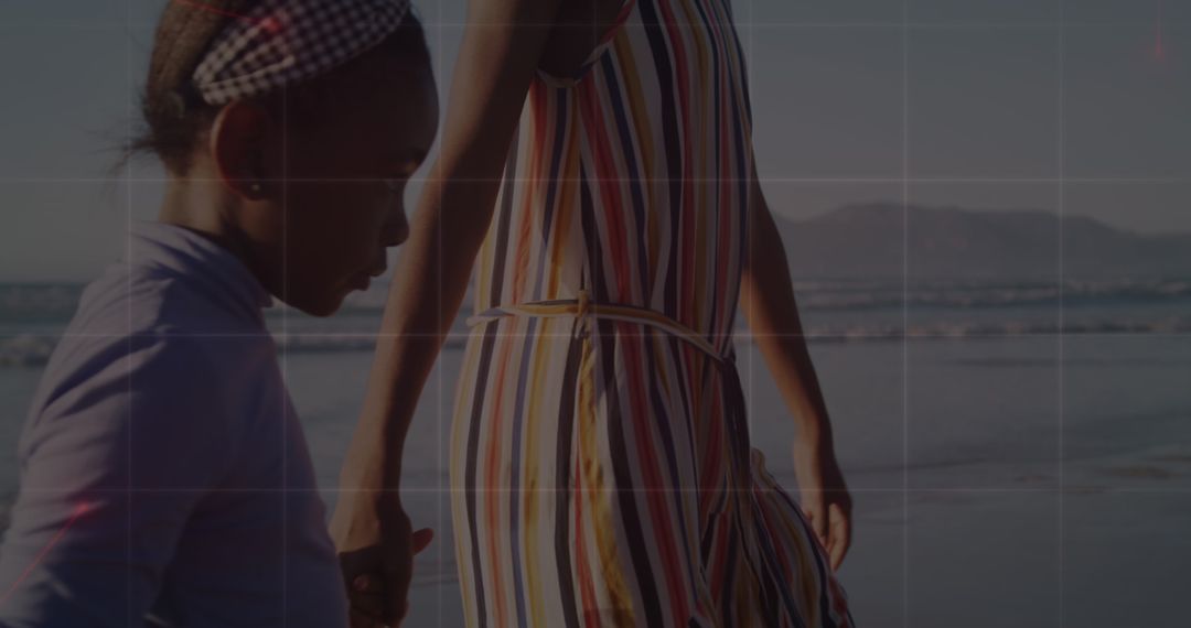 Mother and Daughter Connecting on Beach Walk with Digital Overlay