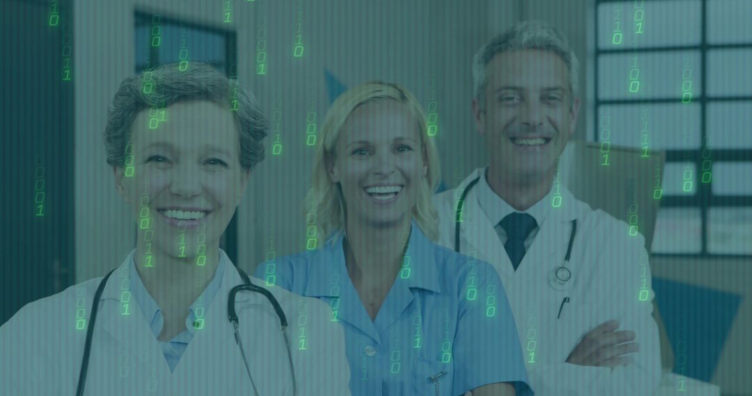 Healthcare Team in Hospital Corridor with Digital Overlay