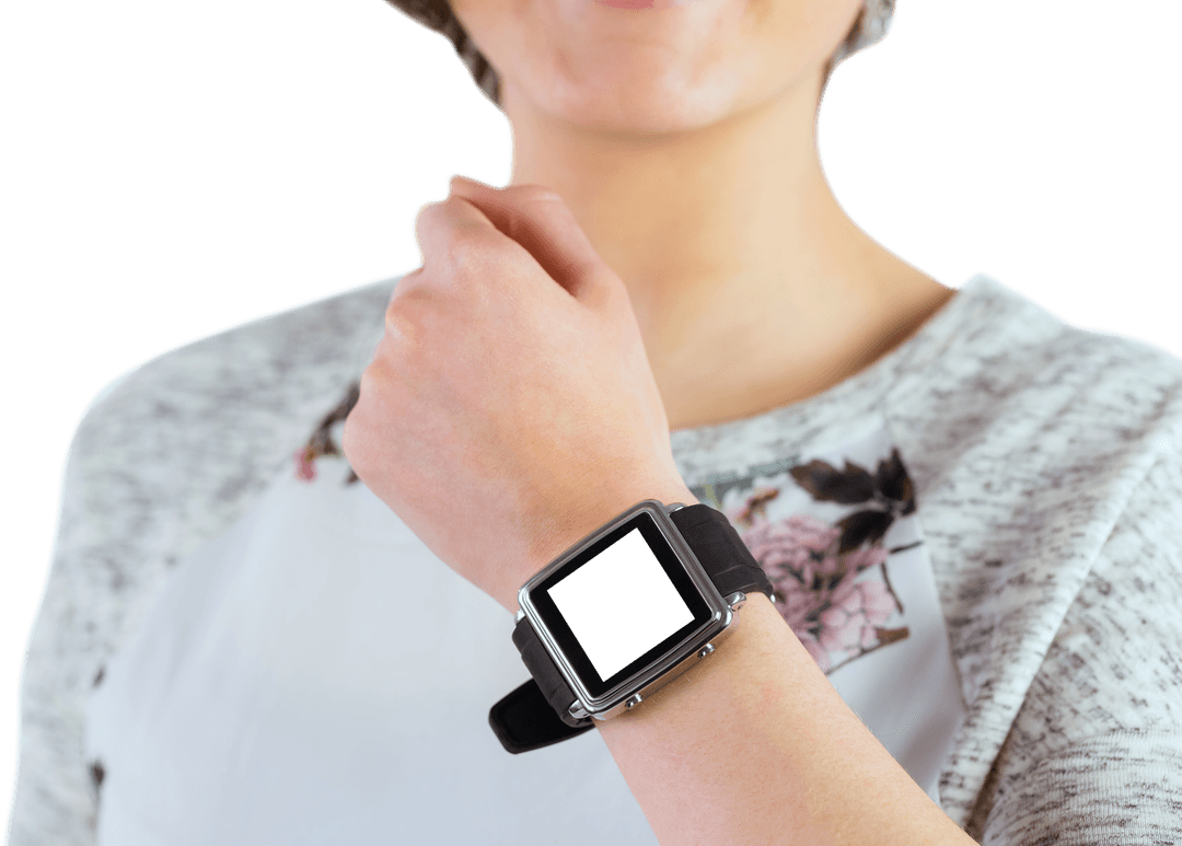 Woman Holding Digital Watch with Copy Space on Transparent Background