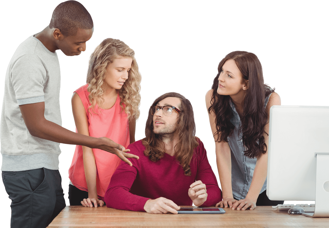 Transparent Business Team Collaborating at Desk in Office