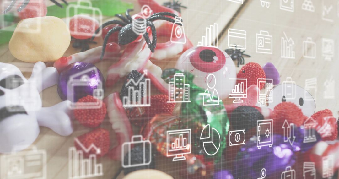 Spooky Halloween candy and props with data visualization overlay, double exposure effect