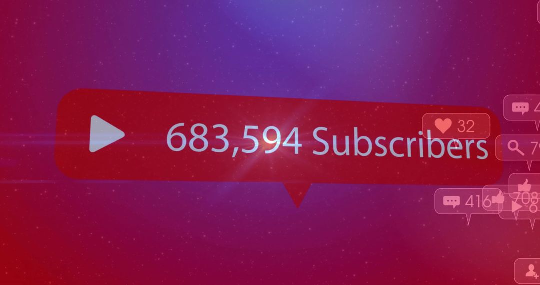 Displaying 683,594 Subscribers in Red Play Bubble with Social Reaction Over Magenta Gradient
