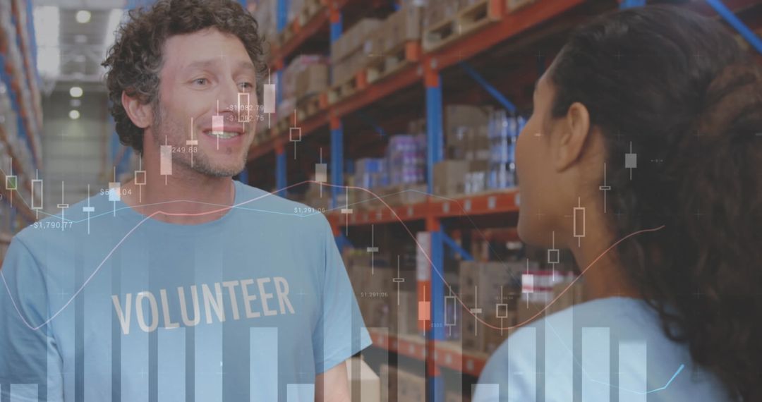 Volunteers Collaborating in Warehouse with Analytical Overlay
