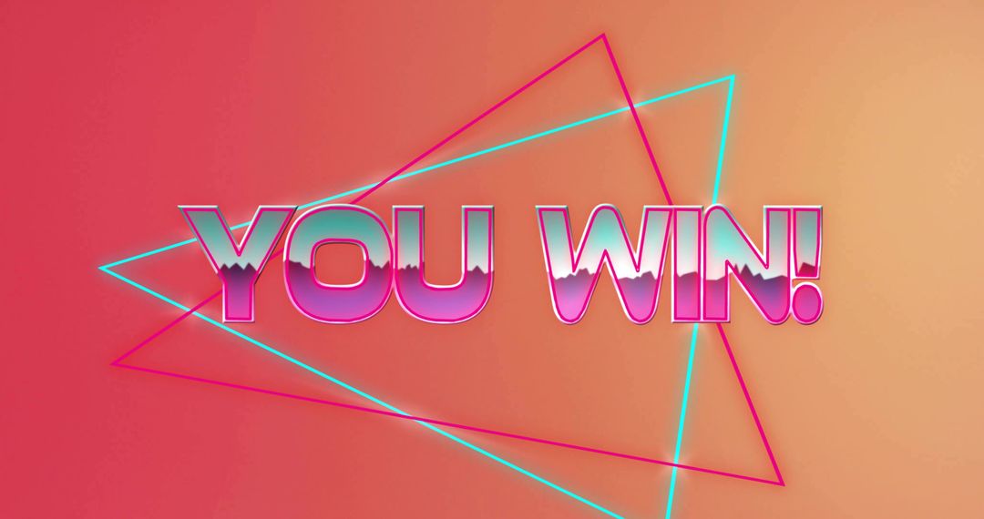 Retro Neon YOU WIN Synthwave Victory Typography on Coral-Peach Gradient with Glowing Triangles