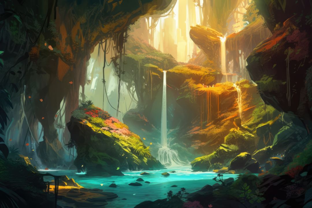 Fantasy landscape with waterfall and river in forest created using generative ai technology - Free Images, Stock Photos and Pictures on Pikwizard.com