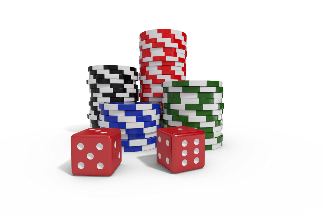 Transparent Red Dice with Colorful Casino Chips