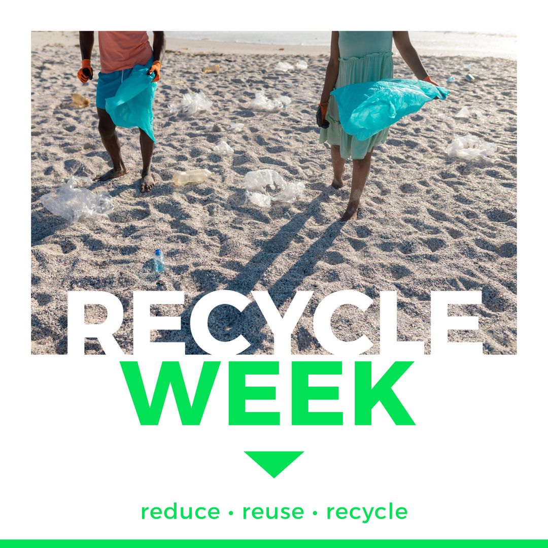 Eco-Friendly Couple Collecting Litter on Beach During Recycle Week