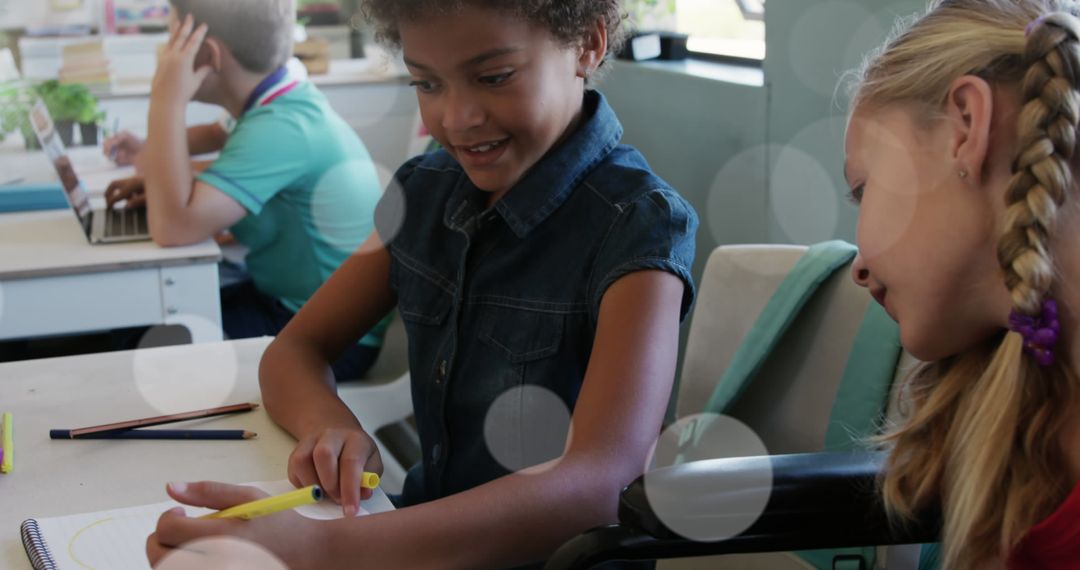 Smiling Schoolchildren with Classmate in Wheelchair