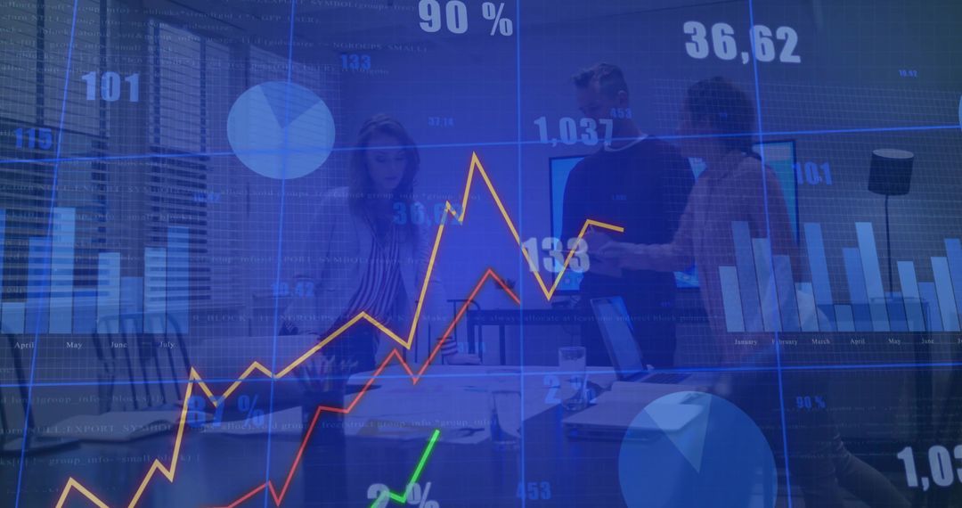 Business Team Analyzing Financial Data with Interactive Charts and Graphs in Modern Office