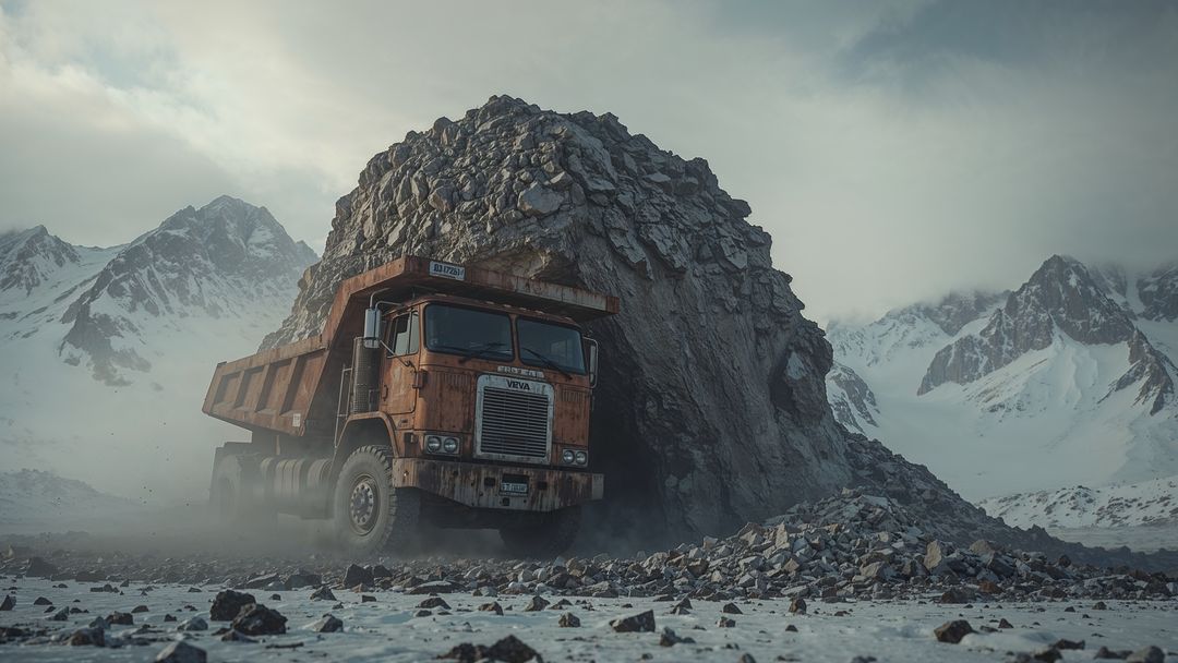Rugged high-altitude quarry with rusted dumper truck
