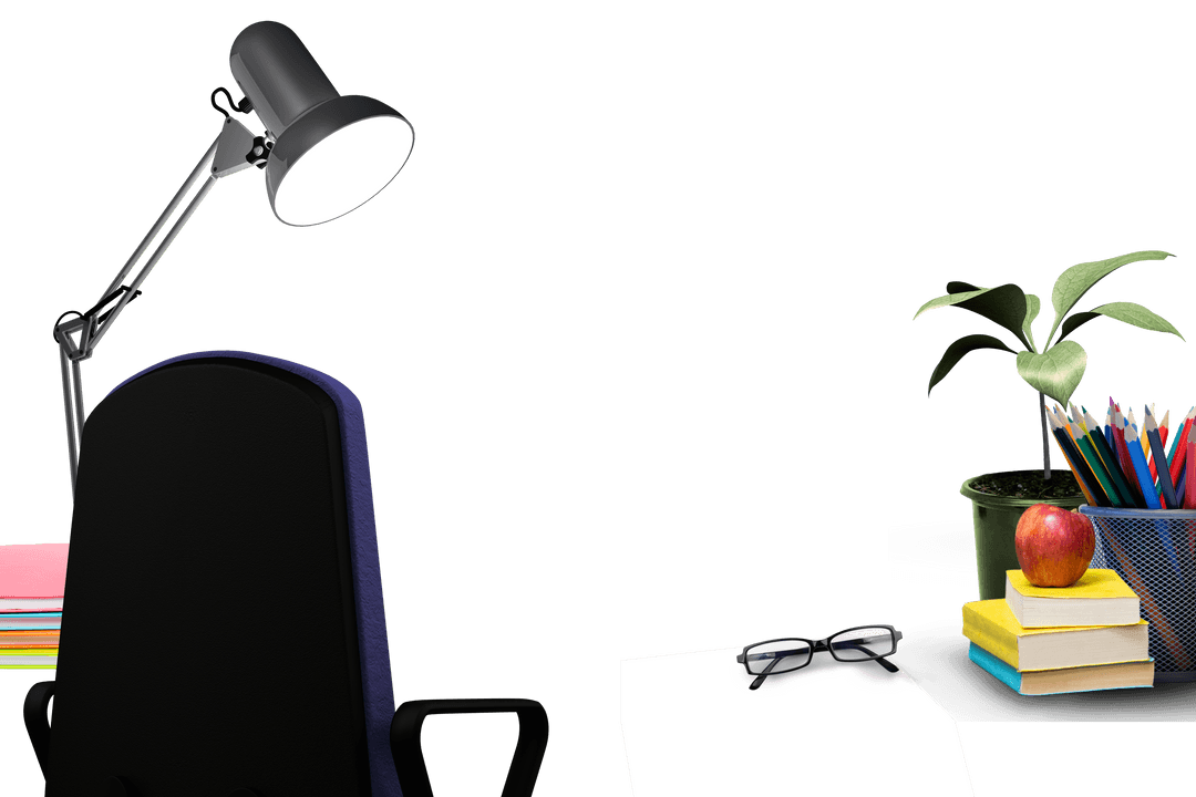 Transparent Modern Office Workspace with Books and Lamp