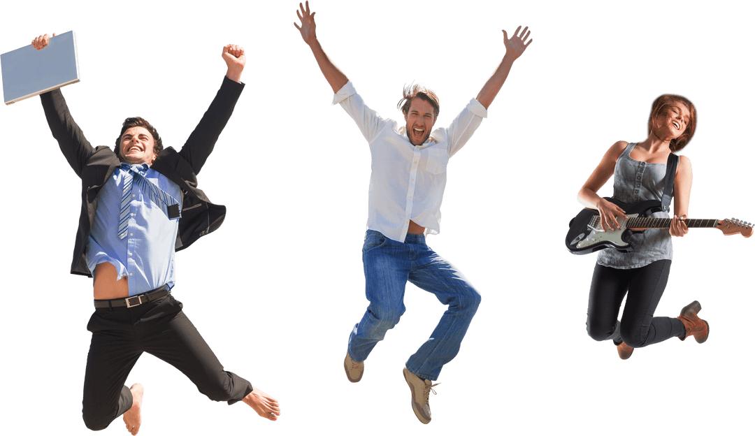 Transparent Group of People Jumping Happily with Laptops and Instruments