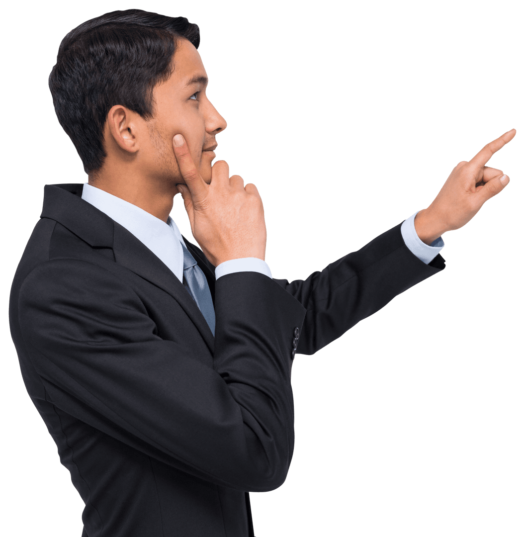 Transparent Businessman Transparently Pointing Ahead and Thinking Deeply