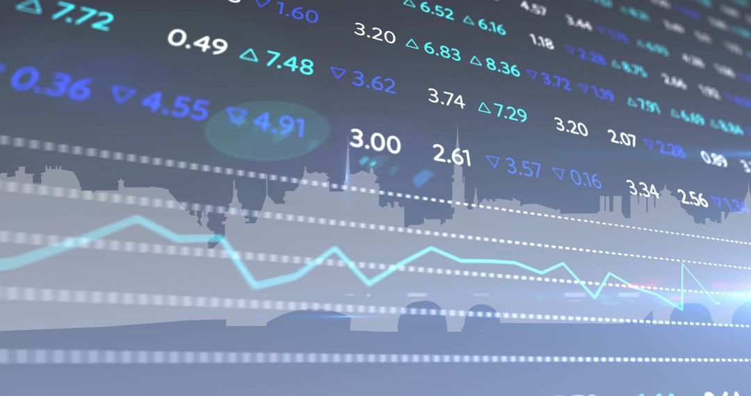 Stock Market Data Displayed Over Urban Skyline Background