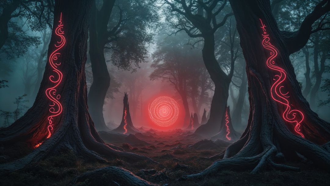 Magical demon portal glowing red in enchanted forest at night