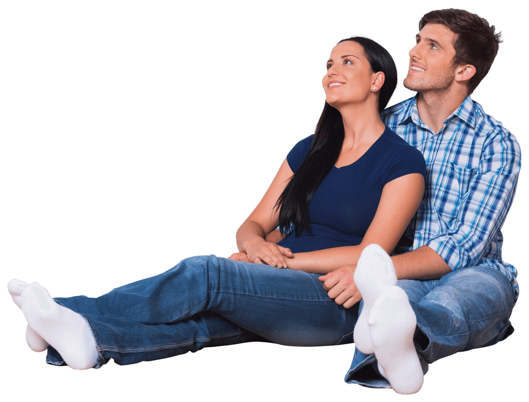 Happy Caucasian Couple Sitting on Transparent Background in Love