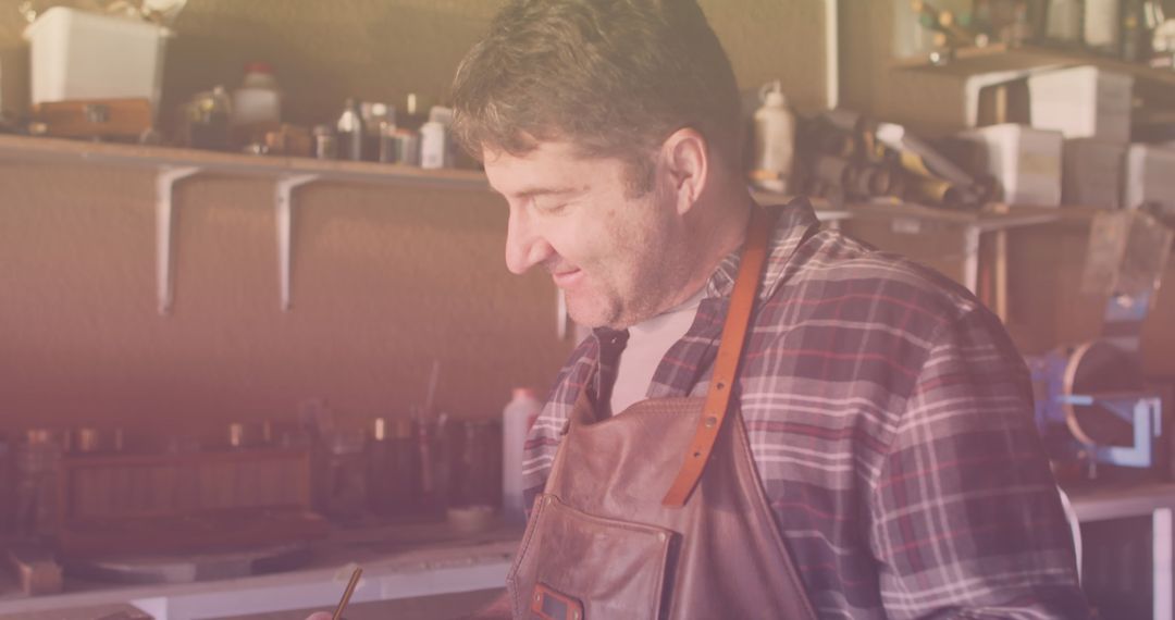 Caucasian Artisan Drawing in Workshop Setting