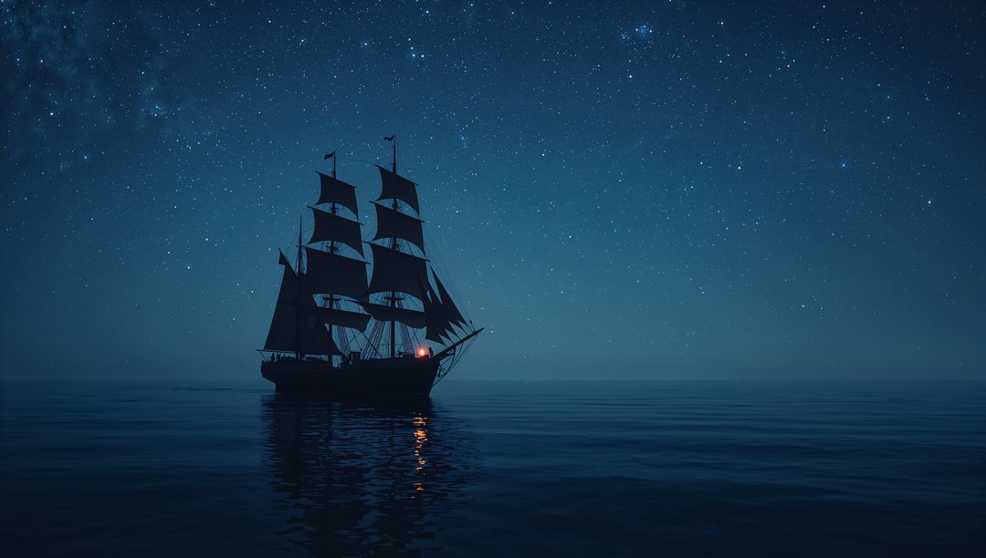 Serene Nighttime Voyage on Calm Seas with Three-Masted Ship