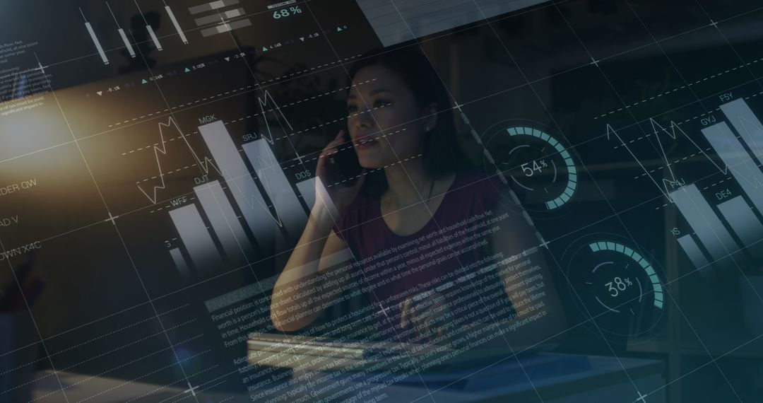 Businesswoman Analyzing Data on Modern UI Interface Overlay