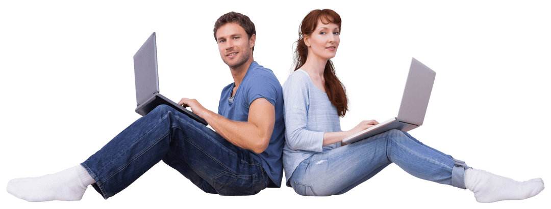 Couple Using Laptops Sitting Back to Back Transparent Background
