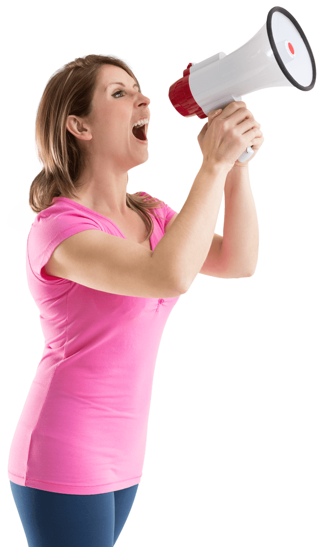 Caucasian Woman Shouting with Megaphone on Transparent Background