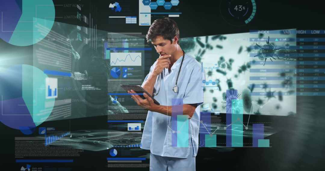 Healthcare Professional Analyzing Data in Futuristic Laboratory