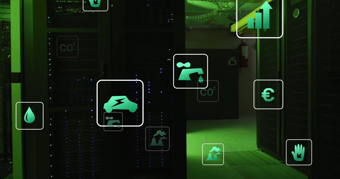 Eco Icons Overlay on Computer Servers Illustrating Digital Green Technologies