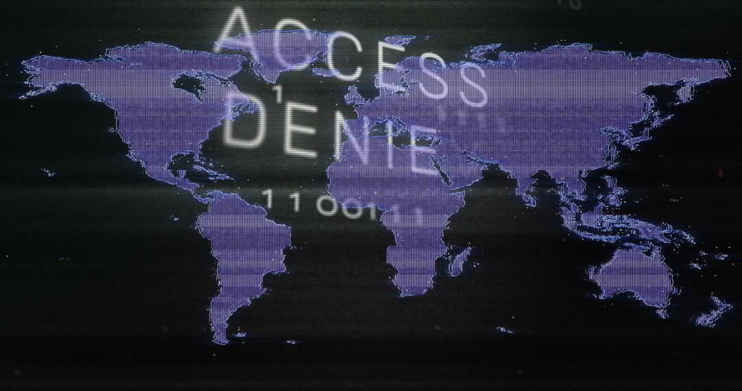 Glitching Neon World Map with ACCESS DENIED Overlay, Cybersecurity Global Threat Interface