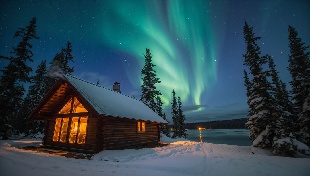 Glowing log cabin casting warm light on snowy shore under dancing northern lights