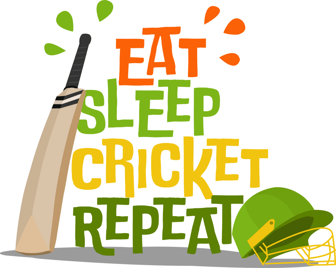 Eat Sleep Cricket Repeat Graphic with Bat and Helmet on Transparent Backdrop
