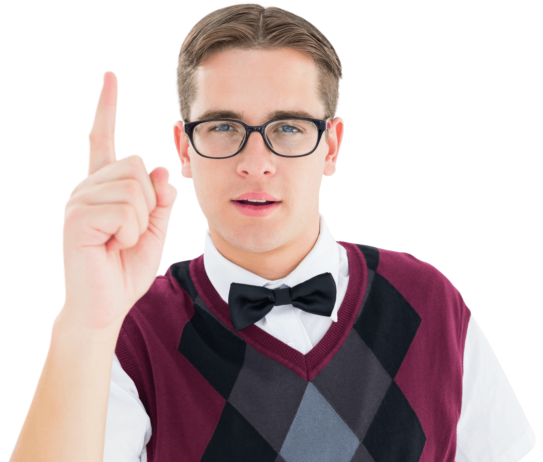 Transparent Hipster Geek Gesturing with Finger Up