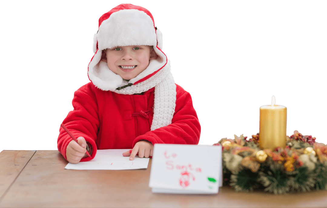Caucasian Boy in Santa Suit Writing Christmas Lists Transparent Background
