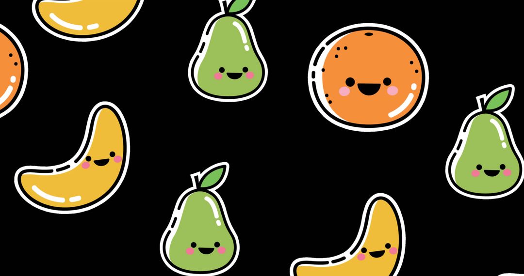 Kawaii Smiling Fruits on Black Background Pattern
