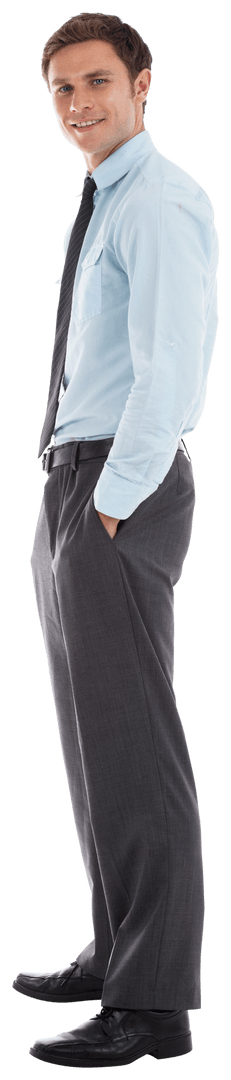 Smiling Handsome Businessman Standing or Hands in Pockets on Transparent Background