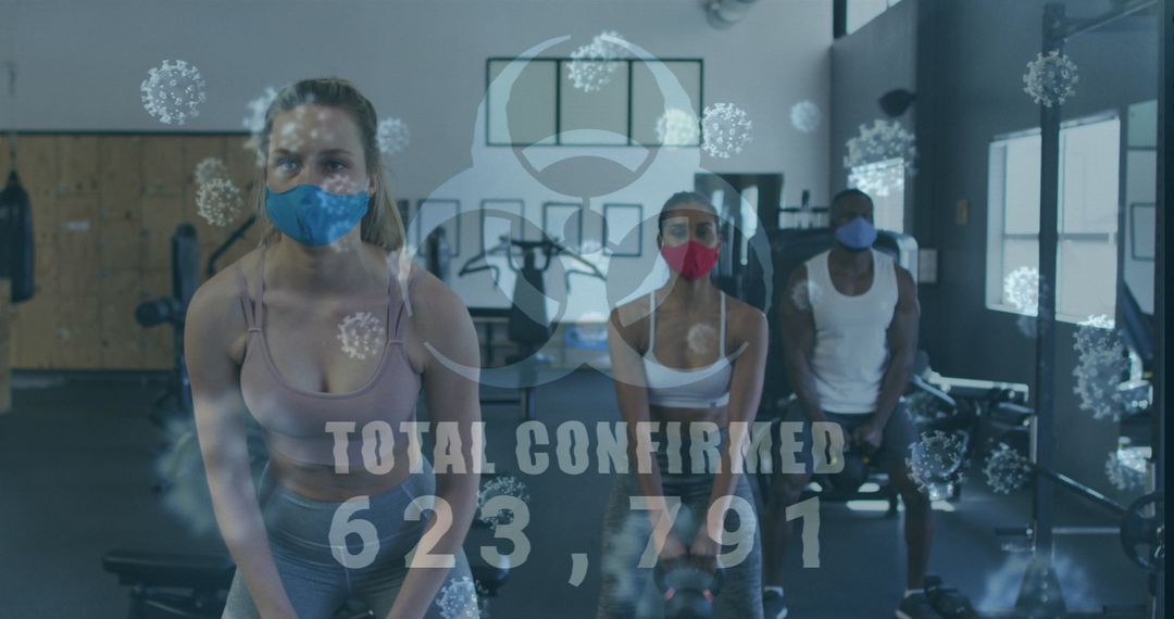 Masked Group Exercising in Gym Amidst COVID-19 Icons and Statistics