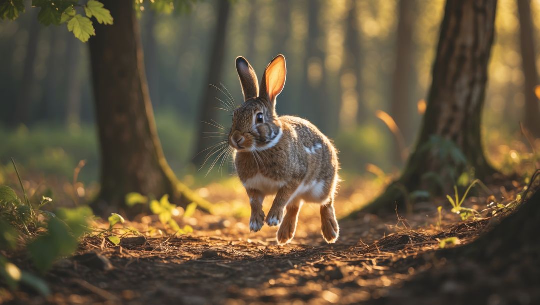 Bounding cottontail rabbit on forest path in golden light