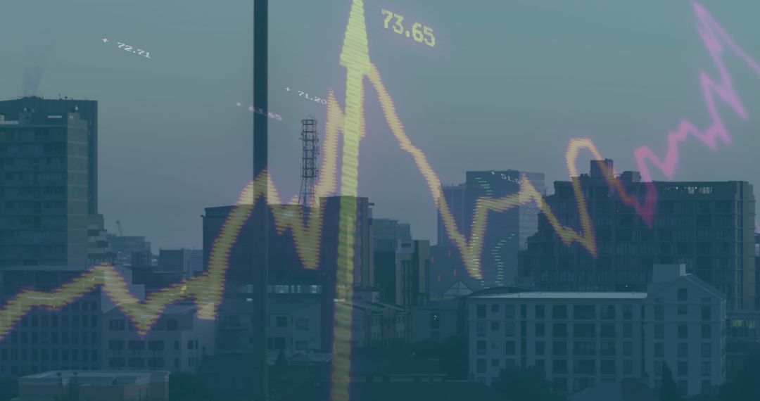 Stock market analytics blended over urban skyline
