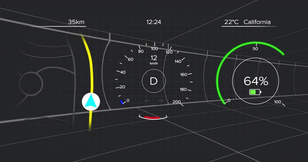 Futuristic HUD displaying speedometer, navigation route, battery level and cockpit grid