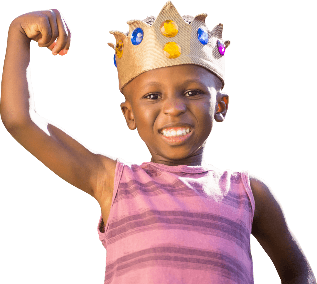Joyful Child Wearing Crown Flexing on Transparent Background