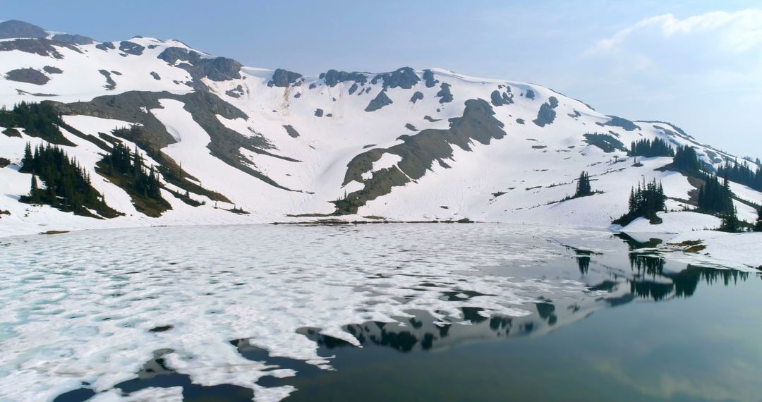 Serene Snow-Covered Mountain and Partially Frozen Lake in Spring - Free Images, Stock Photos and Pictures on Pikwizard.com